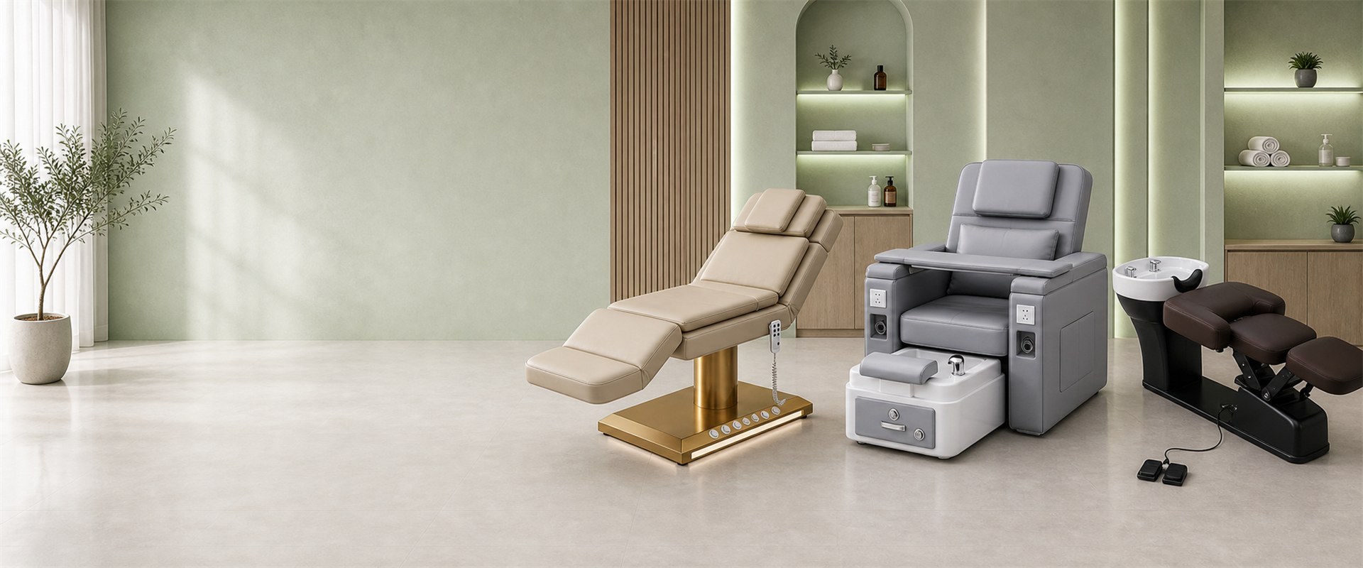 Luxury salon furniture showroom with Beauty Beds, Pedicure Spa Chairs, and Shampoo Beds